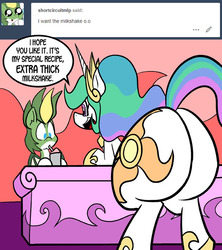 Size: 576x648 | Tagged: safe, artist:pembroke, princess celestia, oc, oc:short circuit, alicorn, pony, g4, ask, bottom heavy, butt, dialogue, drinking, duo, extra thicc, leaning, open mouth, plot, smiling, sunbutt, the ass was fat, thiklestia, tumblr