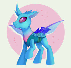 Size: 1000x948 | Tagged: safe, artist:ls_skylight, changedling, changeling, commission, curved horn, heart, horn, raised hoof, simple background, smiling, solo