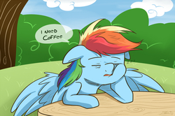Size: 980x650 | Tagged: safe, artist:nolycs, rainbow dash, pegasus, pony, g4, dialogue, eyes closed, female, mare, solo, table, tree