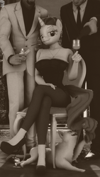 Size: 2160x3840 | Tagged: safe, artist:gbrushandpaint, rarity, cat, human, anthro, plantigrade anthro, g4, 3d, breasts, busty rarity, cigarette, cigarette holder, clothes, crossed legs, drink, high res, looking at you, monochrome, sitting, smiling, smoking, source filmmaker