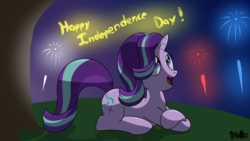 Size: 2560x1440 | Tagged: safe, artist:rupert, starlight glimmer, pony, unicorn, g4, 4th of july, american independence day, cute, female, fireworks, glimmerbetes, happy, holiday, independence day, mare, open mouth, open smile, smiling, solo, united states