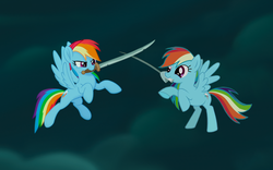 Size: 1280x800 | Tagged: safe, edit, edited screencap, screencap, rainbow dash, pegasus, pony, g4, may the best pet win, my little pony: the movie, bandana, cute, dashabetes, duality, female, fencing, mare, mouth hold, pirate rainbow dash, self ponidox, solo, sword, tomboy, weapon