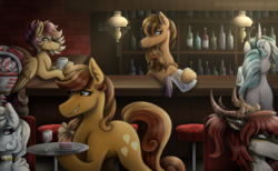 Size: 2400x1477 | Tagged: safe, artist:monnarcha, oc, oc only, oc:cinnamon bun, oc:cookie, oc:northern lights, oc:sunrise skies, oc:thicket, deer, earth pony, original species, pegasus, pony, unicorn, alcohol, bar, bottle, commission, female, glass, hoers, looking at each other, male, mare, smiling, stallion, stool, table, wine glass