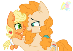 Size: 1244x883 | Tagged: safe, artist:cloudysunshine1914, applejack, pear butter, earth pony, pony, g4, the perfect pear, baby, baby pony, babyjack, base used, cute, female, foal, heart eyes, hnnng, mother and daughter, simple background, transparent background, wingding eyes