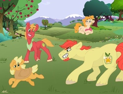 Size: 1076x817 | Tagged: safe, artist:kaylascorner, apple bloom, applejack, big macintosh, bright mac, pear butter, earth pony, pony, g4, the perfect pear, butt, female, male, mare, plot, ship:brightbutter, shipping, stallion, straight, younger