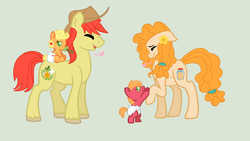 Size: 1524x860 | Tagged: safe, artist:hawkpath123, applejack, big macintosh, bright mac, pear butter, earth pony, pony, g4, the perfect pear, baby, baby macintosh, baby pony, babyjack, base used, diaper, female, foal, male, pacifier, ship:brightbutter, shipping, straight