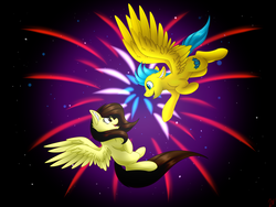 Size: 1024x768 | Tagged: safe, artist:whitehershey, oc, oc only, oc:white hershey, pegasus, pony, duo, female, fireworks, flying, male, mare, oc x oc, open mouth, shipping, stallion