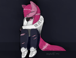 Size: 1024x790 | Tagged: safe, artist:itzdatag0ndray, pinkie pie, earth pony, anthro, g4, air force one, anarchy, clothes, ear fluff, eyes closed, female, japanese, nike, painting, pinkamena diane pie, shoes, simple background, sitting, sneakers, solo, thinking, waiting