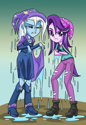 Size: 1756x2554 | Tagged: safe, artist:art-2u, starlight glimmer, trixie, equestria girls, equestria girls specials, g4, angry, barrette, beanie, boots, cape, clothes, commission, crossed arms, cutie mark on clothes, dress, dripping, duo, eyeshadow, fall formal outfits, female, hairclip, hairpin, hat, high heel boots, looking at you, makeup, pants, puddle, raised eyebrow, ripped pants, shirt, shivering, shoes, simple background, soaked, standing, trixie's cape, trixie's hat, unamused, vest, wet, wet clothes, wet hair