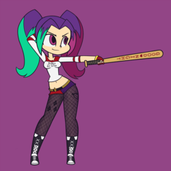 Size: 1800x1800 | Tagged: safe, artist:khuzang, aria blaze, equestria girls, g4, my little pony equestria girls: rainbow rocks, baseball bat, belly button, breasts, busty aria blaze, clothes, crossover, dc comics, female, fishnet stockings, harley quinn, midriff, pants, pantyhose, purple background, shirt, simple background, smiling, solo
