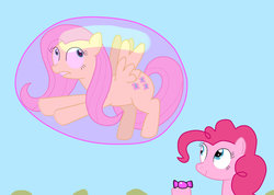 Size: 1024x729 | Tagged: safe, artist:04startycornonline88, fluttershy, pinkie pie, pony, g4, bubble fetish, bubblegum, candy, fluttershy trapped in a bubble, food, gum, in bubble, trapped