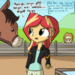 Size: 1080x1080 | Tagged: safe, artist:tjpones, applejack, sunset shimmer, horse, human, equestria girls, g4, bilingual, bridle, cute, dialogue, frown, gossip, homesick shimmer, horse noises, humans doing horse things, leaning, lidded eyes, open mouth, raised eyebrow, tack, translation, unamused