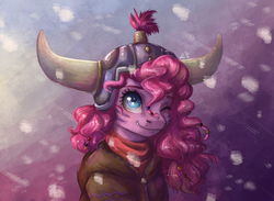 Size: 1500x1100 | Tagged: safe, artist:alina-sherl, pinkie pie, pony, not asking for trouble, cute, diapinkes, female, helmet, honorary yak horns, horned helmet, mare, one eye closed, solo, viking helmet