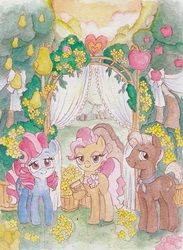 Size: 464x634 | Tagged: safe, artist:daisymane, burnt oak, cup cake, mayor mare, earth pony, pony, g4, the perfect pear, chiffon swirl, female, looking at you, male, mare, marriage, outdoors, smiling, stallion, traditional art, trio, watercolor painting, wedding