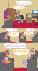 Size: 1600x3000 | Tagged: safe, scootaloo, oc, oc:psyche, pony, comic:ask motherly scootaloo, g4, chair, clothes, comic, computer, couch, desk, document, motherly scootaloo, office chair, psyche-phd, sweatshirt, therapist