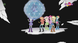 Size: 1136x638 | Tagged: safe, screencap, applejack, fluttershy, pinkie pie, rainbow dash, rarity, sci-twi, sunset shimmer, twilight sparkle, equestria girls, equestria girls specials, g4, mirror magic, female, geode of empathy, geode of shielding, geode of super speed, geode of super strength, geode of telekinesis, humane five, humane seven, humane six, magical geodes, mirror world, sci-twi outfits, teletoon