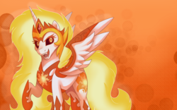 Size: 2560x1600 | Tagged: safe, artist:sacredroses-art, daybreaker, a royal problem, g4, female, open mouth, raised hoof, smiling, solo, spread wings, wallpaper, wings