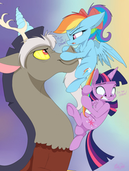 Size: 3786x5024 | Tagged: safe, artist:mistydash, discord, rainbow dash, twilight sparkle, pegasus, pony, g4, absurd resolution, bow, hair bow, looking at each other, tail hold, trio