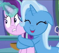 Size: 194x174 | Tagged: safe, screencap, starlight glimmer, trixie, pony, unicorn, all bottled up, g4, animated, cute, diatrixes, duo, eyes closed, female, floppy ears, gif, gif for breezies, glowing, glowing horn, happy, horn, hug, magic, magic aura, mare, personal space invasion, picture for breezies, smiling