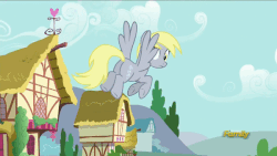 Size: 600x338 | Tagged: safe, screencap, derpy hooves, pegasus, pony, no second prances, animated, background pony, bread, crash, crash landing, cute, derpabetes, derpy being derpy, eyes closed, female, flying, food, gif, landing, mare, smiling, solo, tongue out, underhoof, waving