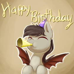 Size: 700x700 | Tagged: safe, artist:acersiii, oc, oc only, oc:hartenas, pony, gradient background, happy birthday, hat, party hat, party horn, solo