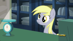 Size: 960x538 | Tagged: safe, screencap, derpy hooves, pegasus, pony, g4, slice of life (episode), animated, female, food, gif, mare, mouth hold, muffin