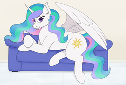 Size: 1280x870 | Tagged: safe, artist:thedigodragon, princess celestia, alicorn, pony, g4, couch, ear fluff, female, looking at you, prone, simple background, smiling, solo, spread wings, wings