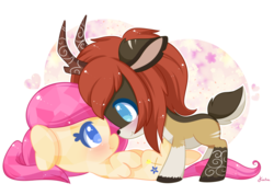 Size: 800x571 | Tagged: safe, artist:exceru-karina, oc, oc only, oc:bloom flower, oc:thicket, crystal pony, deer, original species, pony, chibi, duo, female, heart, male, oc x oc, shipping, simple background, straight, transparent background