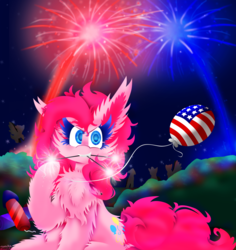 Size: 1024x1085 | Tagged: safe, artist:vanillaswirl6, pinkie pie, pony, g4, 4th of july, >:), american independence day, background pony, balloon, cheek fluff, chest fluff, colored eyelashes, colored pupils, cute, ear fluff, female, fireworks, fluffy, grass, grin, holiday, hoof fluff, hoof hold, impossibly large chest fluff, independence day, looking at you, mare, messy mane, mouth hold, night, photoshop, ponk, raised hoof, sharp teeth, sitting, smiling, smirk, solo focus, sparkler (firework), sparkles, teeth, united states
