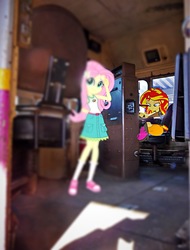 Size: 862x1136 | Tagged: safe, fluttershy, sunset shimmer, equestria girls, g4, equestria girls in real life, irl, locomotive, photo, train