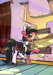 Size: 1280x1810 | Tagged: safe, artist:pencils, oc, oc only, oc:macdolia, earth pony, pony, comic:anon's pie adventure, clothes, colored pupils, cropped, cute, dock, female, french maid, hammer, looking back, maid, maid headdress, mare, mouth hold, pigtails, property damage, raised hoof, shoes, socks, stockings, thigh highs, twintails