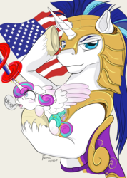 Size: 2175x3056 | Tagged: safe, artist:firimil, princess flurry heart, shining armor, pony, g4, american flag, american independence day, armor, cute, father and daughter, female, flurry blaster, flurrybetes, high res, independence day, male, salute, simple background, sneezing, united states