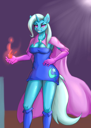 Size: 3507x4960 | Tagged: safe, artist:supernoob666666, trixie, anthro, g4, absurd resolution, armpits, boots, breasts, busty trixie, cleavage, clothes, colored pupils, cutie mark on clothes, dress, female, shoes, solo