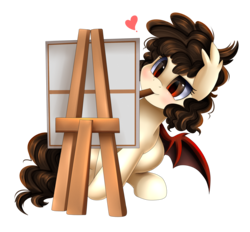 Size: 2569x2386 | Tagged: safe, artist:pridark, oc, oc only, oc:free dark, bat pony, pony, easel, heart, high res, painting, simple background, solo, transparent background