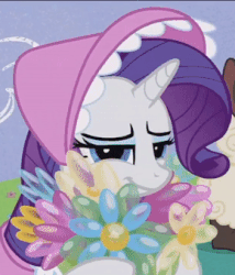 Size: 290x338 | Tagged: safe, screencap, rarity, pony, forever filly, g4, animated, balloon, bonnet, clothes, dress, female, gif