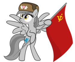 Size: 10000x8333 | Tagged: safe, artist:besttubahorse, oc, oc only, oc:zippy snips, pegasus, pony, g4, absurd resolution, bipedal, clothes, female, flag, hammer and sickle, hat, hoof hold, mare, simple background, solo, soviet flag, soviet union, spread wings, transparent background, ushanka, vector, wings