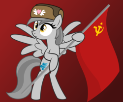 Size: 10000x8333 | Tagged: safe, artist:besttubahorse, oc, oc only, oc:zippy snips, pegasus, pony, absurd resolution, bipedal, clothes, female, flag, gradient background, hammer and sickle, hat, hoof hold, mare, solo, soviet flag, soviet union, spread wings, ushanka, vector, wings