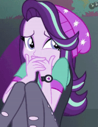 Size: 256x331 | Tagged: safe, screencap, starlight glimmer, equestria girls, equestria girls specials, g4, my little pony equestria girls: mirror magic, animated, female, gif, hand over mouth, hat, out of context, scaredy glimmer