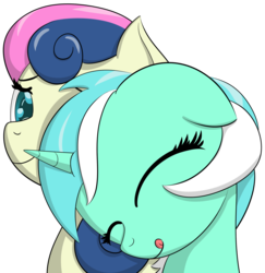 Size: 1635x1682 | Tagged: safe, artist:datapony, bon bon, lyra heartstrings, sweetie drops, earth pony, pony, unicorn, g4, duo, eyes closed, female, happy, lesbian, mare, ship:lyrabon, shipping, simple background, tongue out, transparent background