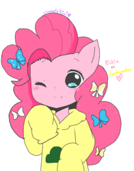 Size: 964x1228 | Tagged: safe, artist:chametzkiwi, pinkie pie, earth pony, pony, g4, blush sticker, blushing, bow, clothes, cosplay, costume, female, heart, jyushimatsu, one eye closed, simple background, smiling, solo, starry eyes, sweater, white background, wingding eyes, wink