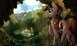 Size: 3543x2160 | Tagged: safe, artist:sugaryviolet, oc, oc only, oc:apex, earth pony, hybrid, pony, wolf, fanfic:friendship is optimal, bow (weapon), butt, commission, fanfic, fanfic art, grass, high res, mountain, mountain range, plot, raised hoof, rear view, saddle bag, scenery, signature, solo, underhoof, village