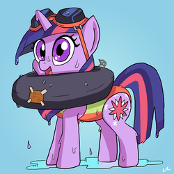 Size: 4800x4800 | Tagged: safe, artist:docwario, twilight sparkle, pony, unicorn, g4, absurd resolution, clothes, cute, female, goggles, inflatable, inner tube, mare, one-piece swimsuit, open mouth, simple background, solo, swimsuit, twiabetes, unicorn twilight, wet, wet mane