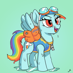Size: 4800x4800 | Tagged: safe, artist:docwario, rainbow dash, pegasus, pony, g4, absurd resolution, clothes, cute, dashabetes, female, goggles, hat, inflatable, mare, simple background, smiling, solo, swimming cap, swimsuit, water wings, whistle, wonderbolts swimsuit