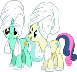 Size: 5016x4689 | Tagged: safe, artist:ironm17, bon bon, lyra heartstrings, sweetie drops, earth pony, pony, unicorn, g4, absurd resolution, clothes, duo, female, mare, simple background, slippers, towel, transparent background