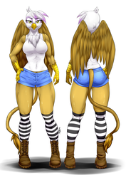 Size: 2150x3035 | Tagged: safe, artist:pia-sama, gilda, griffon, anthro, plantigrade anthro, g4, ass, biceps, big breasts, boots, breasts, busty gilda, butt, clothes, commission, daisy dukes, female, front view, gildonk, hamstrings, high res, legs, looking at you, muscles, muscular female, quadriceps, rear view, shoes, shorts, simple background, socks, solo, striped socks, stupid sexy gilda, tank top, thighs, tight clothing, white background