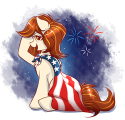 Size: 989x950 | Tagged: safe, artist:confetticakez, oc, oc only, oc:raven sun, pony, 4th of july, american flag, american independence day, cape, clothes, female, fireworks, holiday, independence day, patriotism, salute, sitting, solo, sparkly eyes, united states, wingding eyes