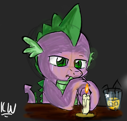 Size: 766x732 | Tagged: safe, artist:zeezou2, spike, dragon, g4, candle, crying, drawpile, drink, gray background, male, sad, simple background, solo