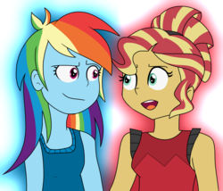 Size: 1799x1537 | Tagged: safe, artist:berrypunchrules, rainbow dash, sunset shimmer, equestria girls, g4, alternate hairstyle, clothes, open mouth