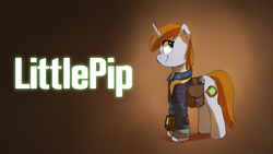 Size: 2439x1372 | Tagged: safe, artist:anticular, oc, oc only, oc:littlepip, pony, unicorn, fallout equestria, fallout equestria illustrated, clothes, cutie mark, fanfic, fanfic art, female, gradient background, hooves, horn, jumpsuit, mare, pipbuck, saddle bag, smiling, solo, text, vault suit