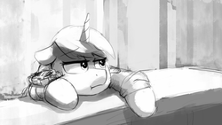 Size: 2439x1372 | Tagged: safe, artist:anticular, oc, oc only, oc:littlepip, pony, unicorn, fallout equestria, fallout equestria illustrated, :i, black and white, clothes, fanfic, fanfic art, female, floppy ears, grayscale, horn, jumpsuit, mare, monochrome, pipbuck, sad, solo, vault suit